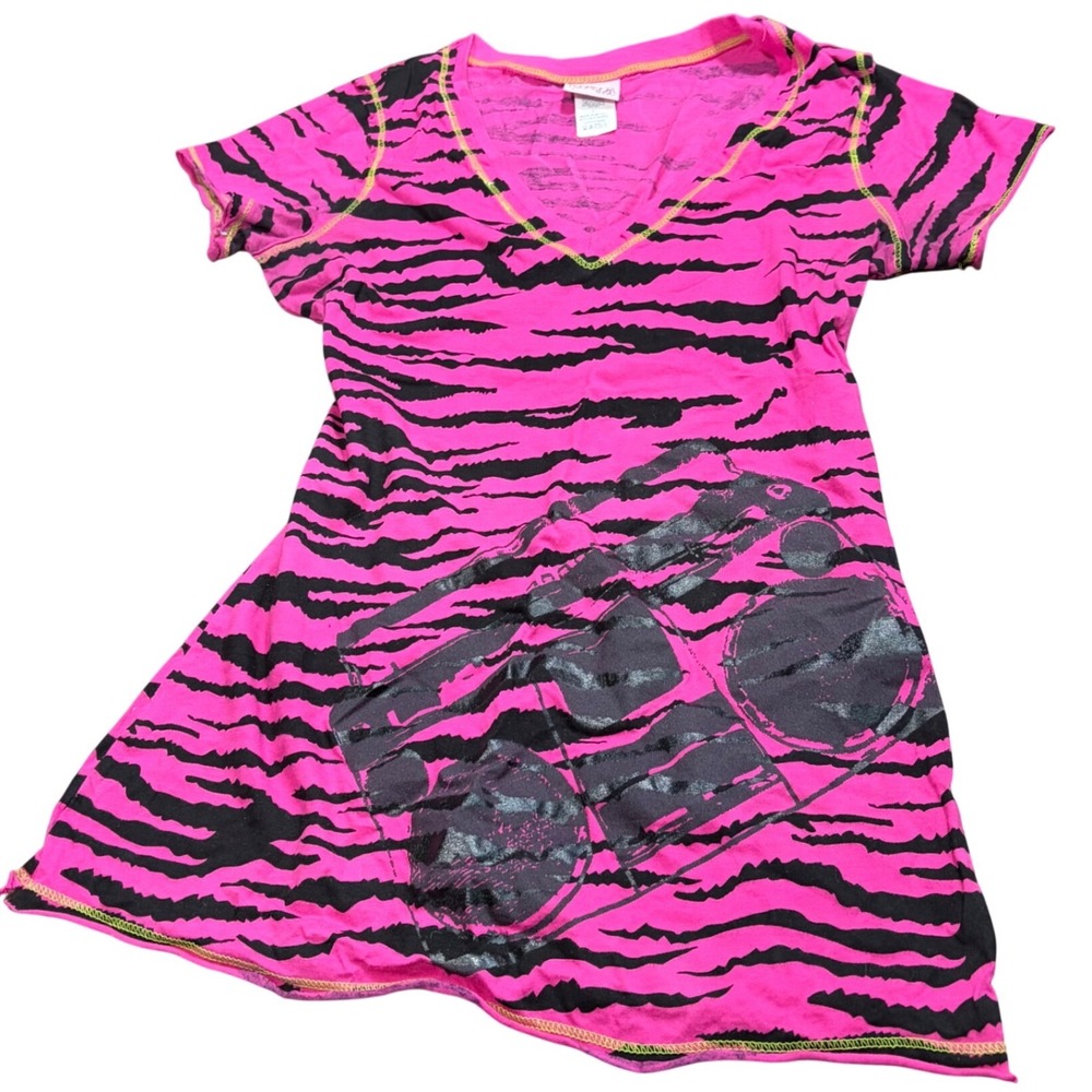 Y2K Scene Pink Tiger Stripe Boombox Graphic V-Neck Tee Lime Green Stitching L